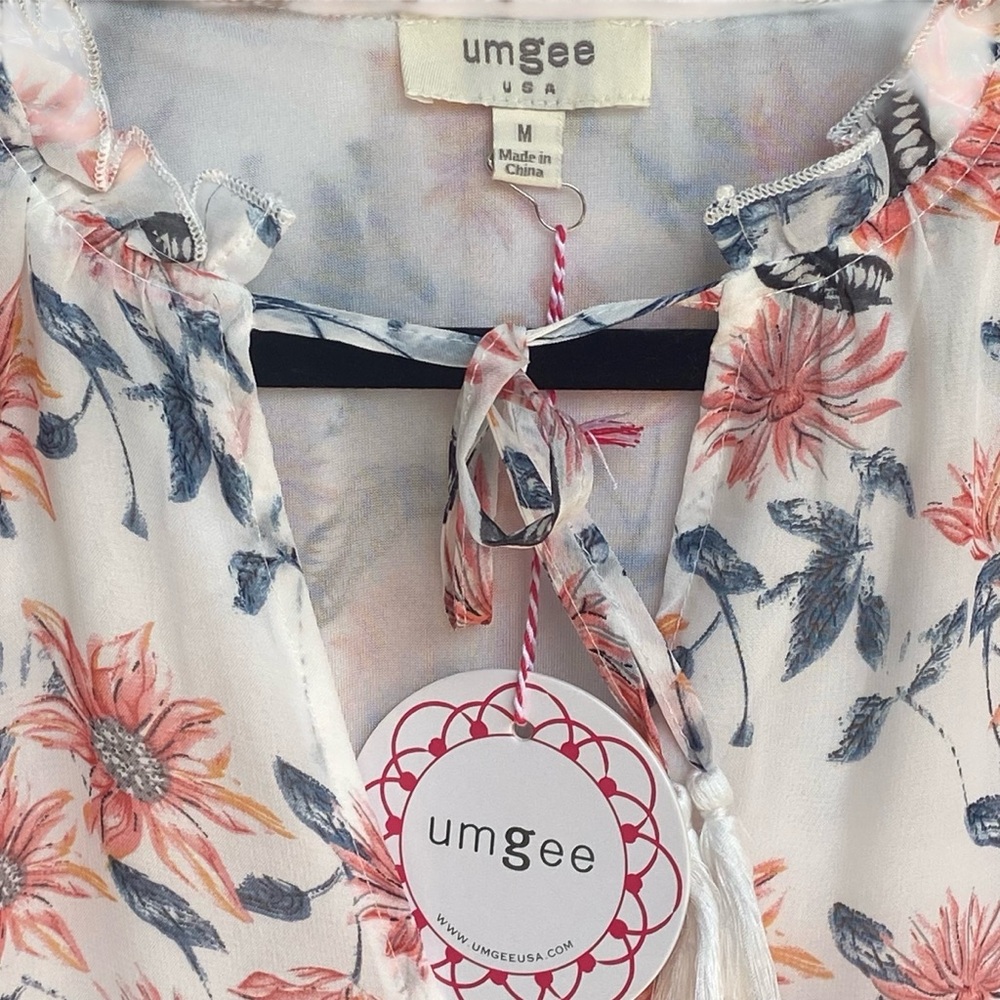 Umgee Lightweight Floral Dress Womens Size Medium NWT White Ruffle Tie Tassels - Picture 9 of 11